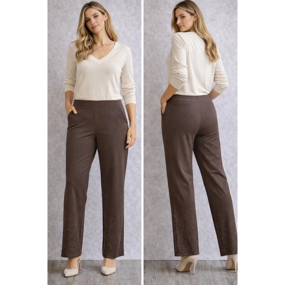 Chico's Brigitte Pants 3.5R US 18R Brown Pull On Wide Leg Rhinestone Hem Plus